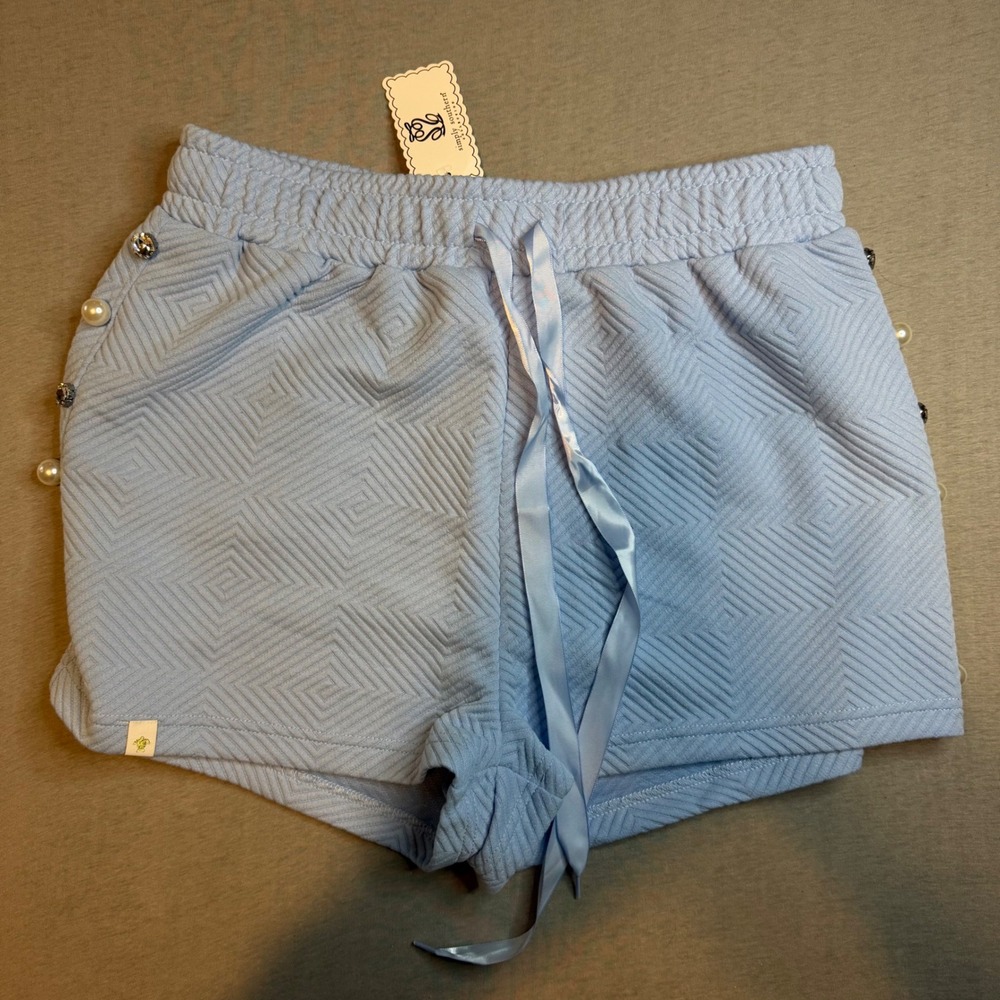 Simply Southern Quilted Shorts Blue Pearl Accent Geometric Textured Womens Large